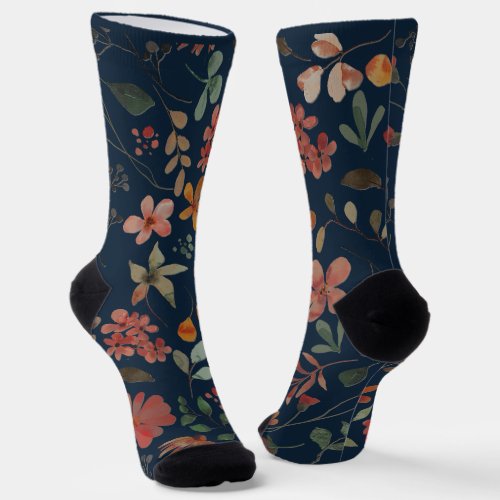 Antique Watercolor Print Floral on Navy Socks