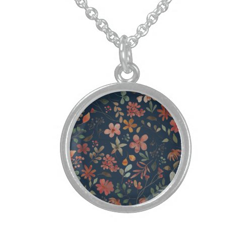 Antique Watercolor Print Floral on Navy Sterling Silver Necklace