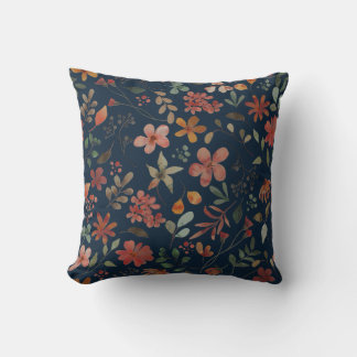 Antique Watercolor Print Floral on Navy Throw Pillow