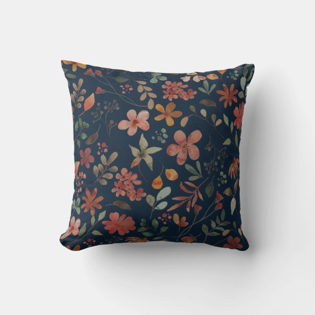 Antique Watercolor Print Floral on Navy Throw Pillow (Front)