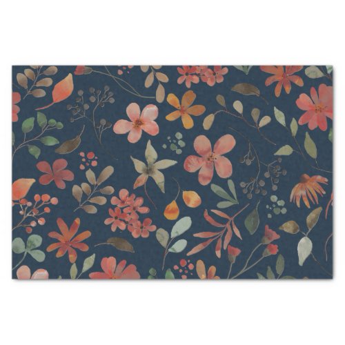 Antique Watercolor Print Floral on Navy Tissue Paper