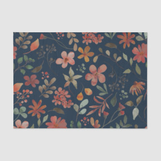 Antique Watercolor Print Floral on Navy Tissue Paper