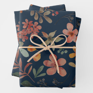 Antique Watercolor Print Floral on Navy Wrapping Paper Sheets