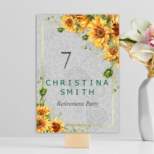 Antique Watercolor Sunflower Retirement Party Idea Table Number