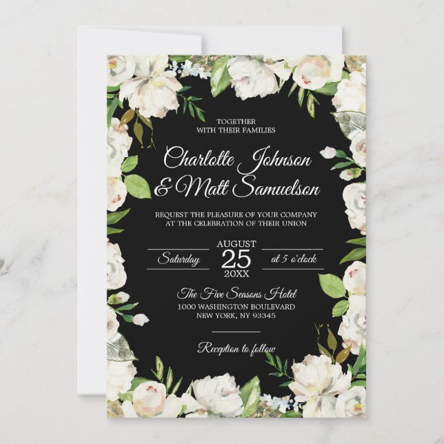 Antique Watercolor White Black Floral Wedding Invitation (Front)