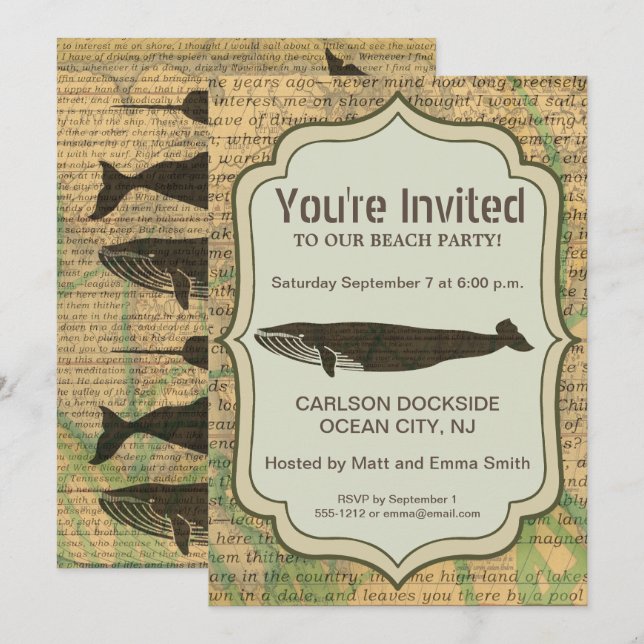  Antique Whale Nautical: Vintage Sea Life  Invitation (Front/Back)