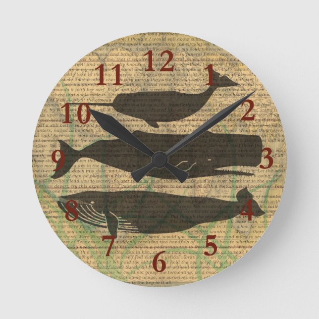  Antique Whale Nautical: Vintage Sea Life  Round Clock (Front)