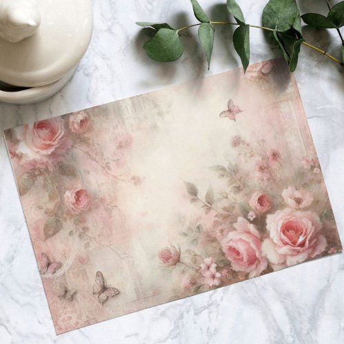 Antique Whimsical Pink Rose Garden Decoupage Holiday Postcard