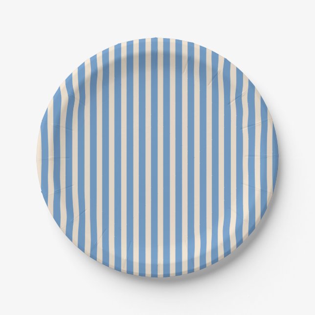 Antique White and Blue Grey Stripes Paper Plates (Front)