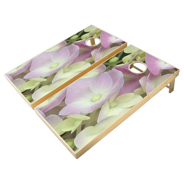 Antique White and Dusty Pink Hydrangea Petals Cornhole Set (Angled)