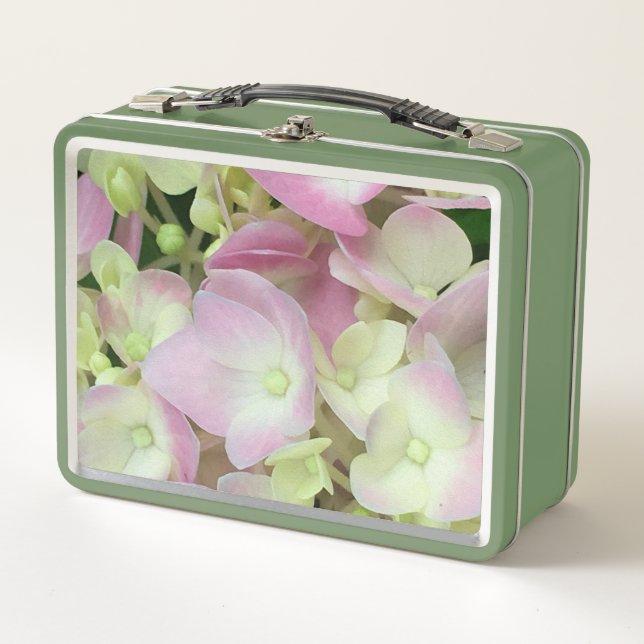 Antique White and Dusty Pink Hydrangea Petals Metal Lunch Box (Front)