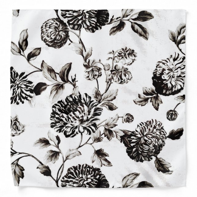Antique White & Black Botanical Floral Toile Bandana (Front)