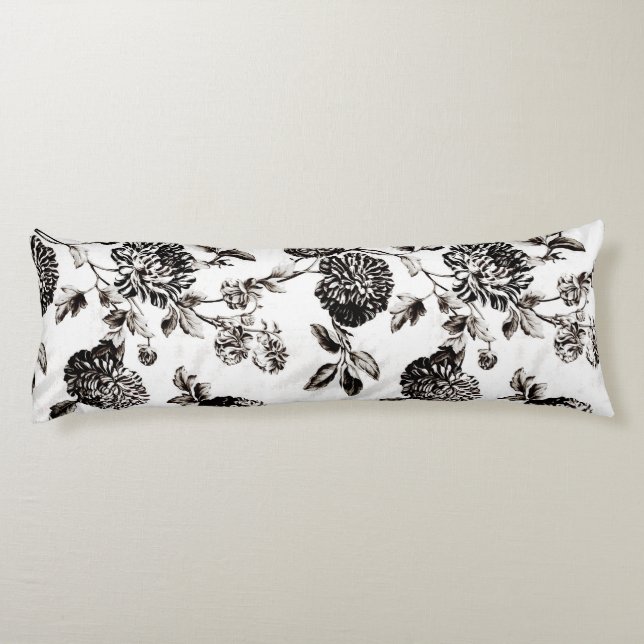 Antique White & Black Botanical Floral Toile Body Pillow (Back)
