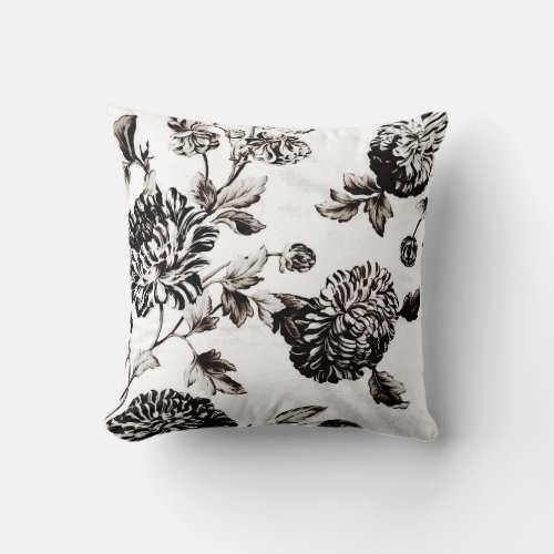 Antique White  Black Botanical Floral Toile No2 Throw Pillow