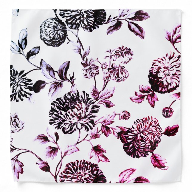 Antique White Black & Faded Rose Floral Toile Bandana (Front)