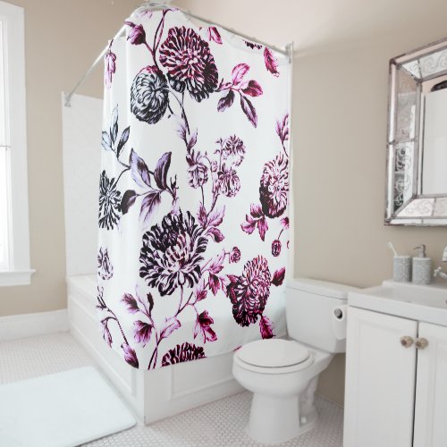 Antique White Black  Rose Floral Toile No2 Shower Curtain