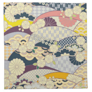 Antique White Blue Yellow Japanese Kimono Floral Cloth Napkin