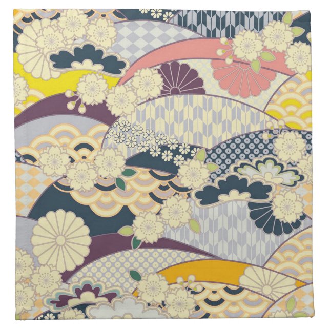 Antique White Blue Yellow Japanese Kimono Floral  Cloth Napkin (Front)