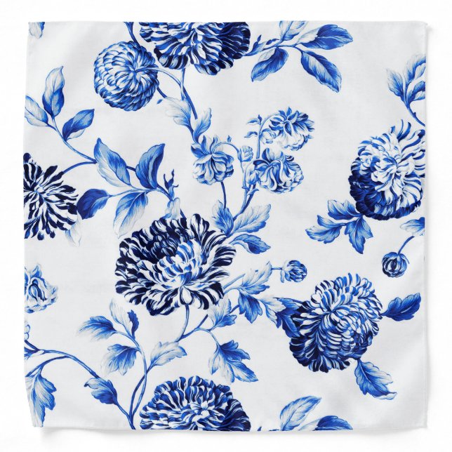 Antique White & Capri Blue Botanical Floral Toile Bandana (Front)