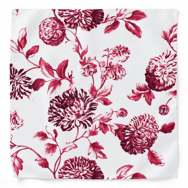 Antique White & Cherry Red Botanical Floral Toile Bandana (Front)