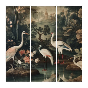 Antique White Crane & Palace 3-Panel Triptych Art