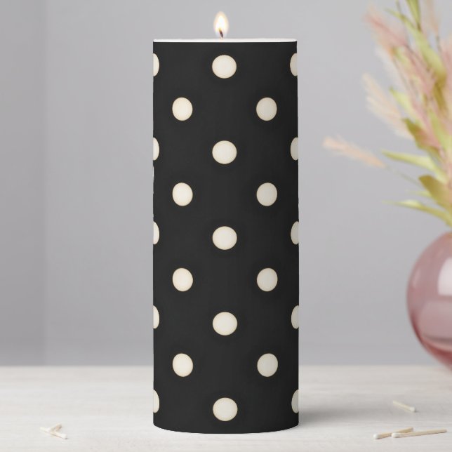 Antique White Dots on Black Pillar Candle (In Situ)
