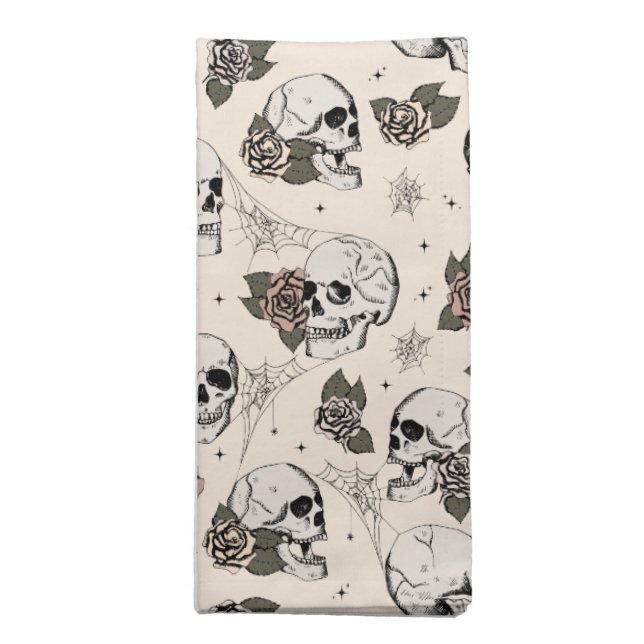 Antique White Gothic Skulls and Roses Halloween Cloth Napkin (Folded)