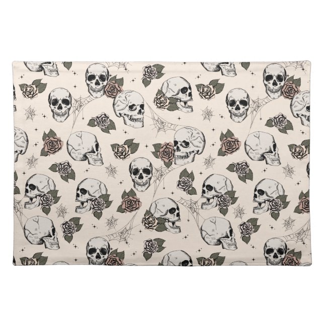 Antique White Gothic Skulls and Roses Halloween Cloth Placemat (Front)