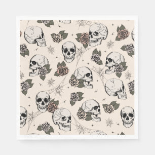 Antique White Gothic Skulls and Roses Halloween Napkins