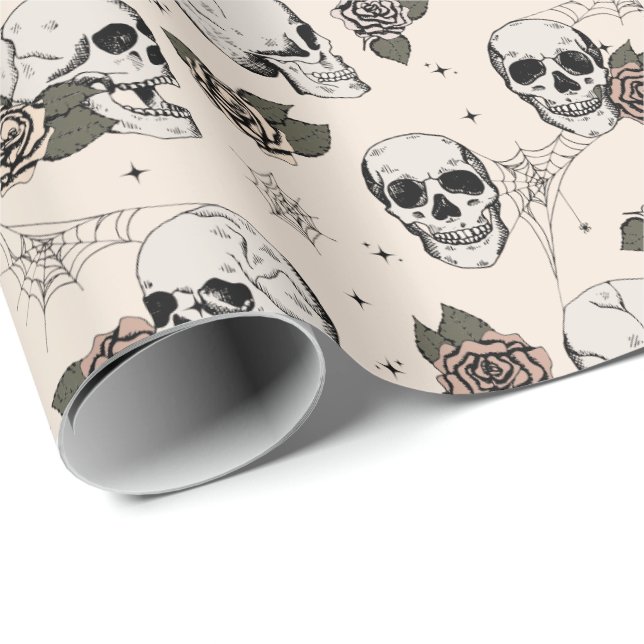 Antique White Gothic Skulls and Roses Halloween Wrapping Paper (Roll Corner)