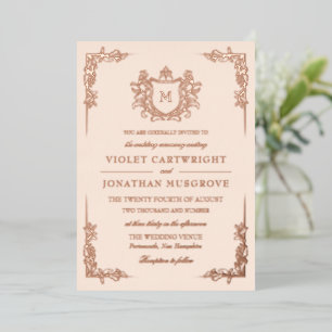 Antique White Hand-Drawn Crest Monogram Foil Invitation