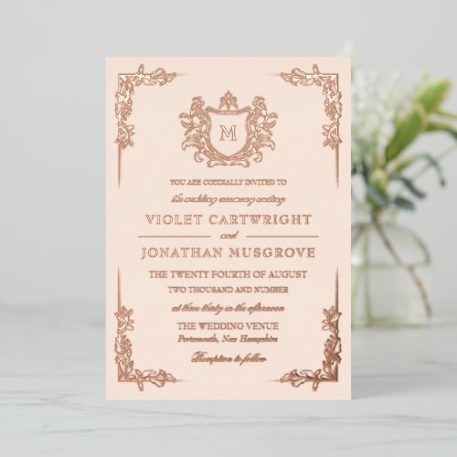 Antique White Hand-Drawn Crest Monogram Foil Invitation