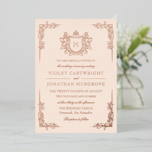 Antique White Hand-Drawn Crest Monogram  Foil Invitation (Standing Front)