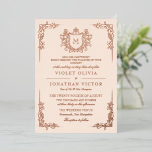 Antique White Hand-Drawn Vintage Crest Monogram Foil Invitation