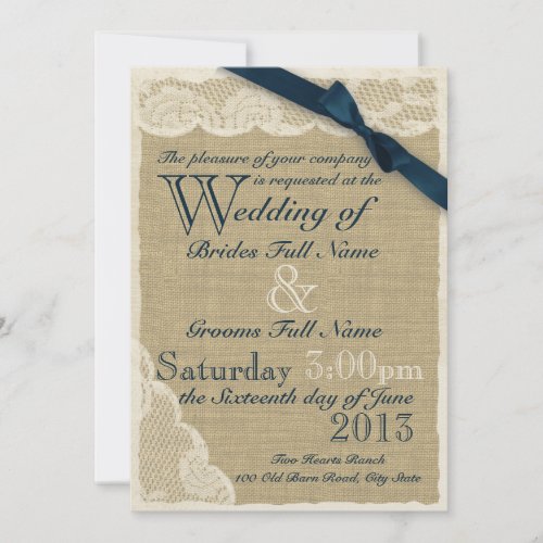 Antique White Lace Country Wedding Navy Personalized Invitation