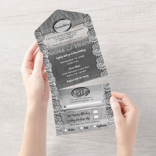 Antique White Lace Grey Wood Silver Wedding  All In One Invitation