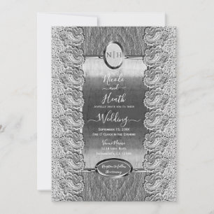 Antique White Lace Grey Wood Silver Wedding Invitation