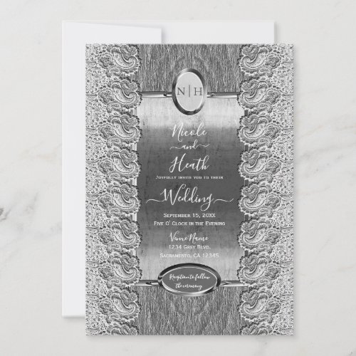 Antique White Lace Grey Wood Silver Wedding   Invitation
