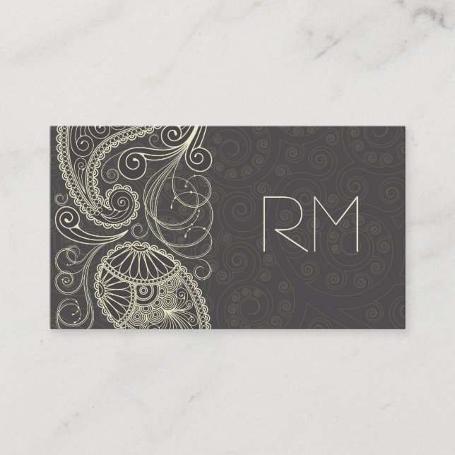 Antique White Paisley On Dark Gray Pattern Design Business Card (Front)