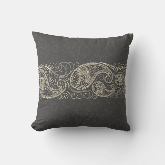 Antique White Paisley On Dark Gray Throw Pillow (Front)