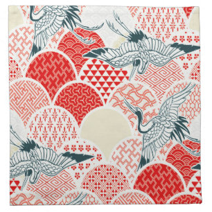 Antique White Red Japanese Kimono Bird Crane Cloth Napkin