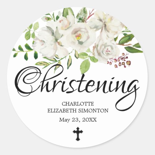 Antique White Rose and Cross Christening Classic Round Sticker