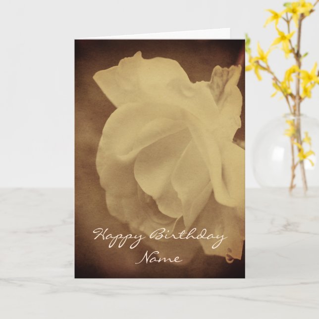 Antique White Rose Personalized Birthday Card (Yellow Flower)