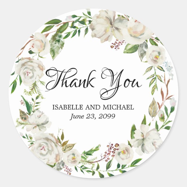 Antique White Rose Thank You Wedding Favor Classic Round Sticker (Front)