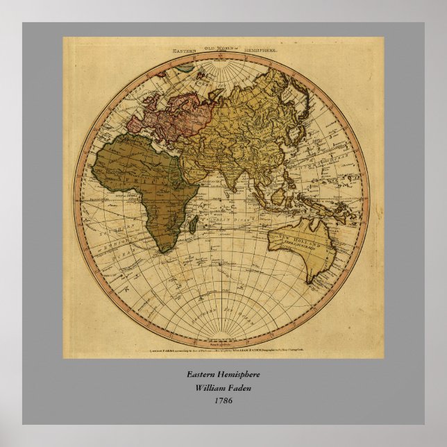 Antique William Faden 1786 Eastern Hemisphere Map Poster (Front)