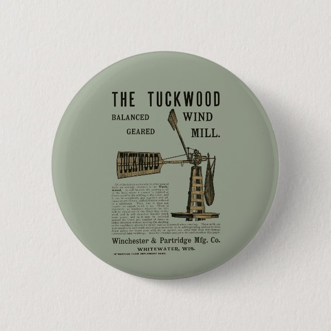 Antique Wind Mill The Tuckwood Whitewater Wis 1889 Button (Front)