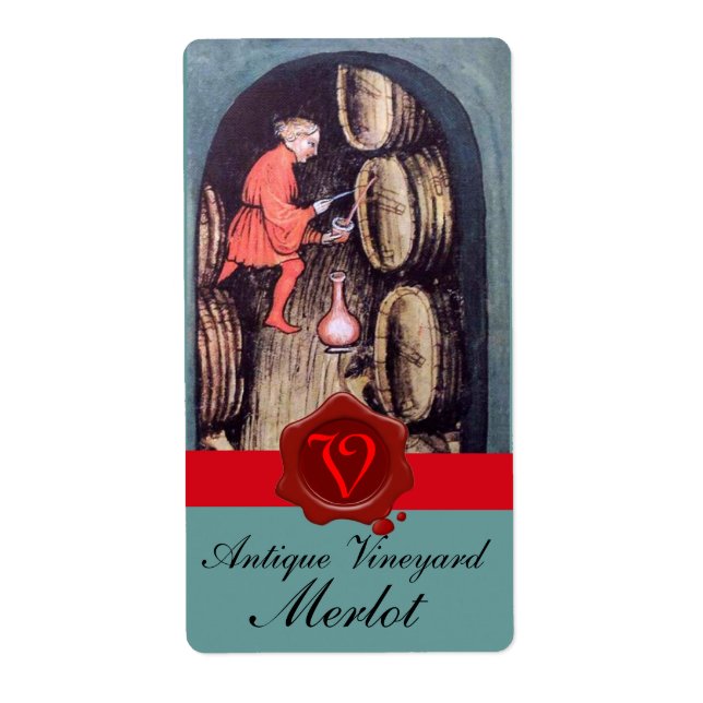 ANTIQUE WINE CELLAR RED WAX SEAL MONOGRAM LABEL (Front)