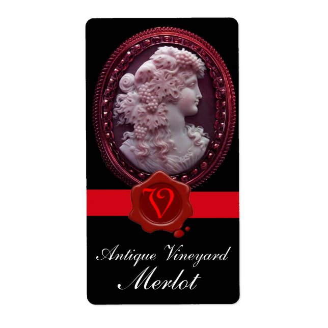 ANTIQUE WINE LADY AND GRAPES RED WAX SEAL MONOGRAM LABEL (Front)