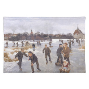Antique Winter Ice Skating Scene Village Fine Art Cloth Placemat
