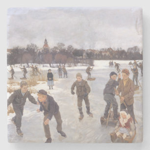 Antique Winter Ice Skating Scene Village Fine Art Stone Coaster